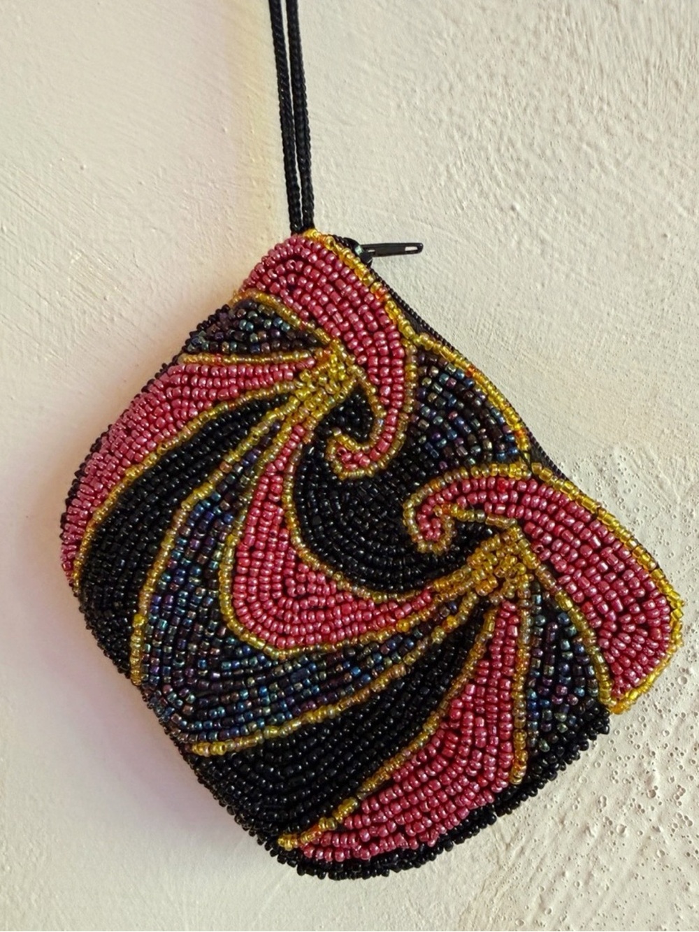 Vintage Art Deco Beaded Coin Purse Pink Black Gold Zip Pouch Cord Strap